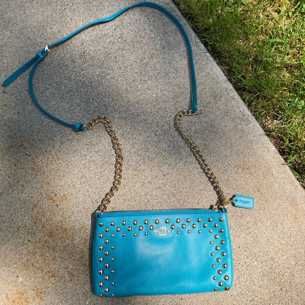 Coach Quinn Teal Blue Metal Bubble Studded Soft Leather Small Crossbody Purse - Picture 17 of 17